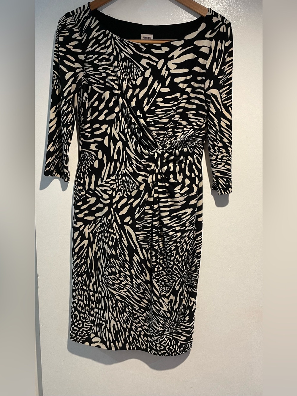 Black & Cream Printed Twist-Front Long Sleeve Dress